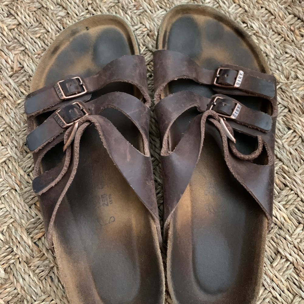 Birkenstock’s 39 three strap dark brown shoes